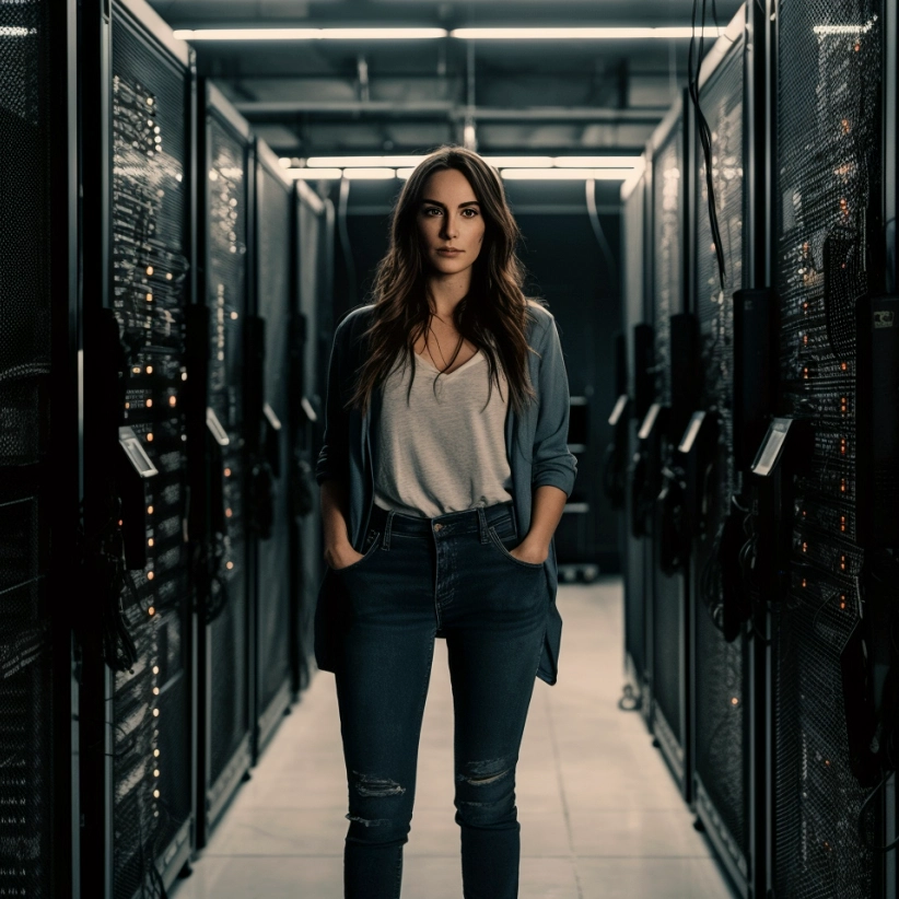 Technician (female) is standing in a server room.