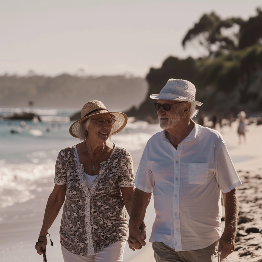 Älteres Paar genießt ihren Ruhestand beim Spaziergang am Strand.